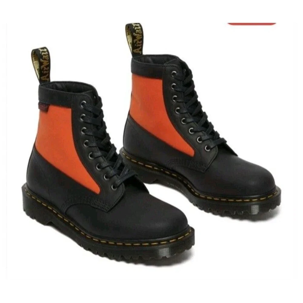 Dr. Martens 1460 Panel Made in England Leather Lace Up Boots Black Orange Mens 6
